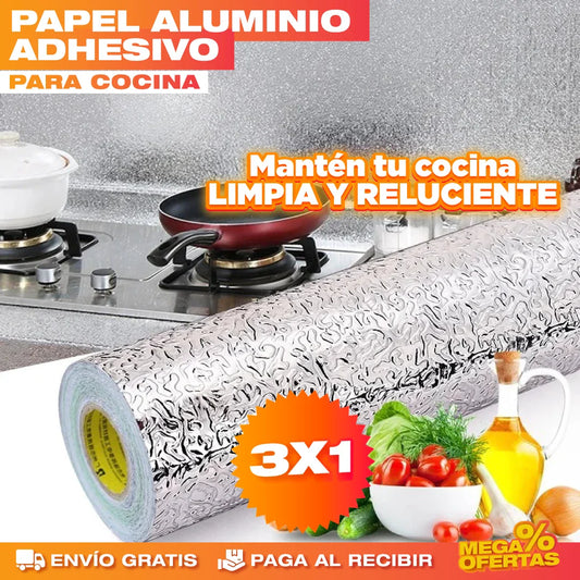 🇵🇦 PROMO 3X1 PAPEL ALUMINIO ADHESIVO DE COCINA 60cm x 2 mt